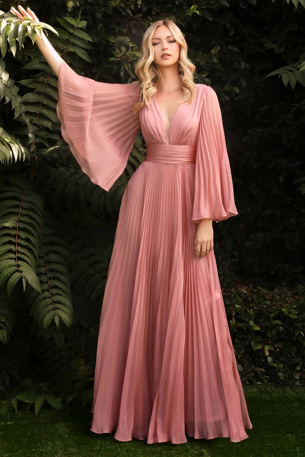 Pleated Chiffon Long Sleeve Gown